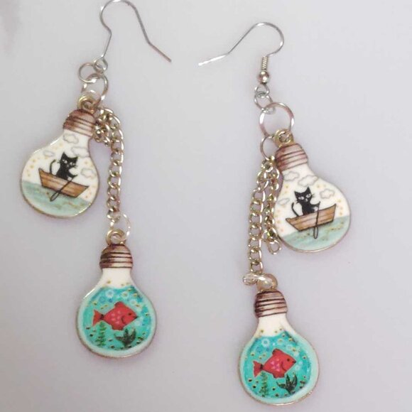 Handmade Jewelry - NWT Handmade Black Cat In A Boat & Orange Goldfish 3" Dangle Earrings